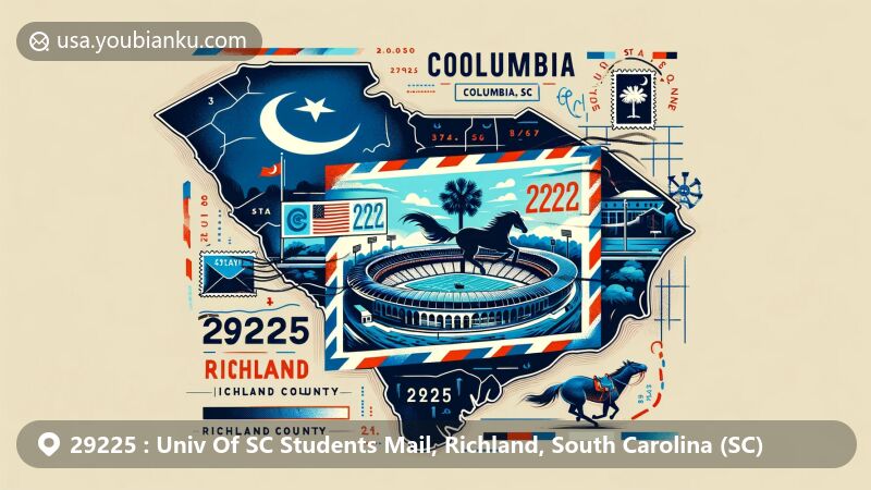 Modern illustration of postal theme in Columbia, Richland County, South Carolina, highlighting ZIP code 29225 and the University of South Carolina, with state flag, Horseshoe area, and postal elements.