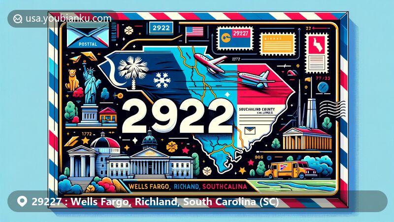 Modern illustration of ZIP Code 29227, Wells Fargo, Richland, South Carolina, resembling an airmail envelope or postcard with South Carolina state flag, Richland County map, and landmarks like South Carolina State House, Fort Jackson, Harbison State Forest, and Congaree National Park.