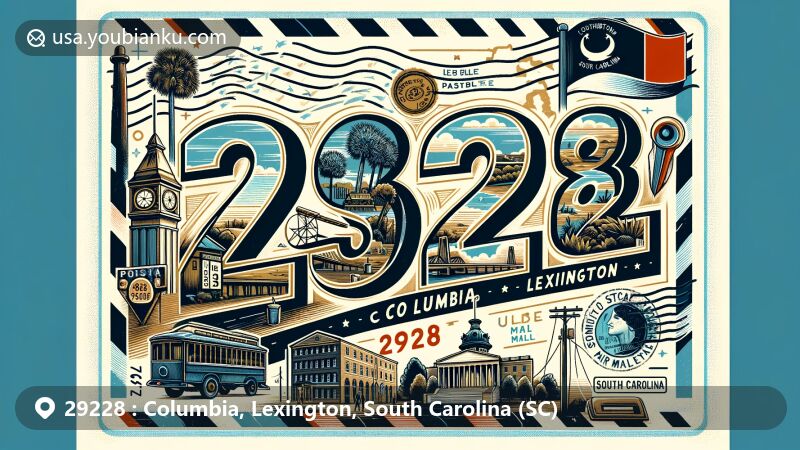 Modern illustration of Columbia and Lexington, South Carolina, highlighting ZIP code 29228, featuring State House, Lexington Old Mill, and SC flag.
