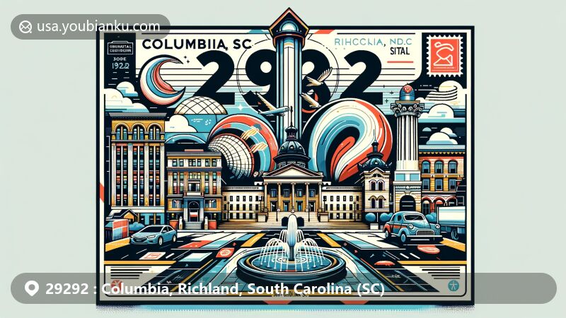 Modern illustration of Columbia, Richland, South Carolina, showcasing postal theme with ZIP code 29292, featuring iconic landmarks like the South Carolina State House, the Babcock Building, and Finlay Park Fountain.