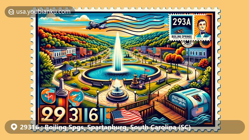 Modern illustration of Boiling Springs, Spartanburg, South Carolina, capturing the essence of the historic bubbling spring, scenic beauty, community spirit, and educational focus, all enclosed in a vibrant postcard design.