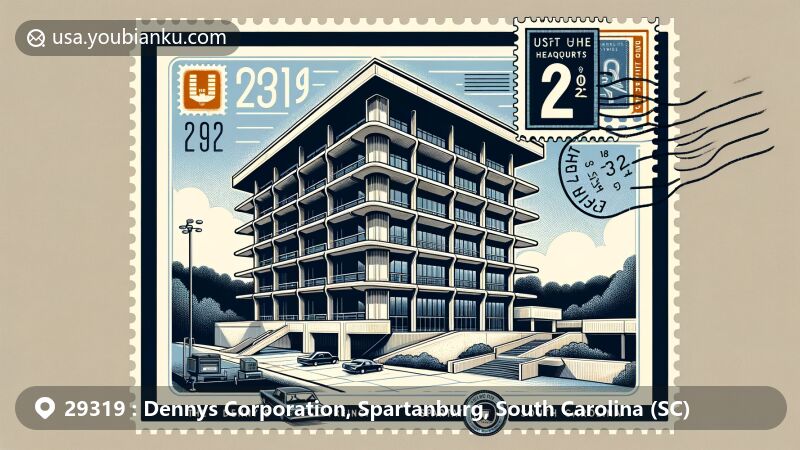 Modern illustration of Spartanburg, South Carolina, showcasing Denny's headquarters with unique architecture and postal theme for ZIP code 29319.