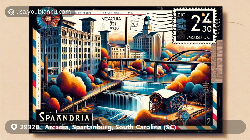 Modern illustration of Arcadia, Spartanburg County, South Carolina, highlighting ZIP code 29320, featuring landmarks like Arcadia Mill No. 2, Hub City Railroad Museum, and Anderson's Mill against a backdrop of North Tyger River, blended with postal themes.