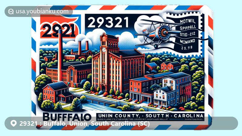Modern illustration of Buffalo in Union County, South Carolina, showcasing postal theme with ZIP code 29321, featuring Buffalo Mill Historic District and South Carolina state symbols.