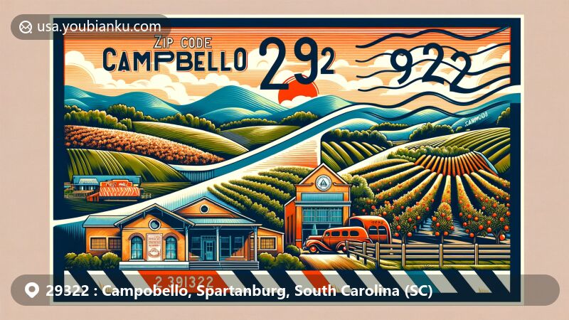 Modern illustration of Campobello, Spartanburg County, South Carolina, featuring ZIP code 29322 and a vintage air mail envelope theme with iconic local elements like Piedmont foothills, fruit orchards, and historic post office scene, capturing the town's Italian-inspired name meaning 'beautiful field'.