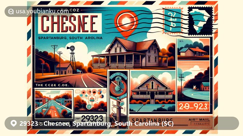 Creative illustration of Chesnee, Spartanburg County, South Carolina, featuring Zeno Hicks House and Carolina Foothills Artisan Center, merged with modern postal aesthetics for ZIP code 29323.