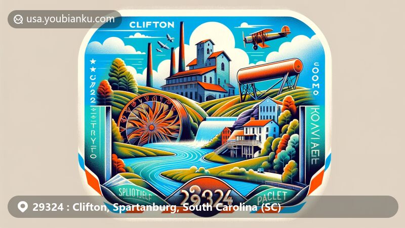 Modern illustration of Clifton, Spartanburg County, South Carolina, depicting a vintage airmail envelope with iconic symbols including Converse Mill and Pacolet River, showcasing industrial heritage and natural beauty, centered around ZIP code 29324.