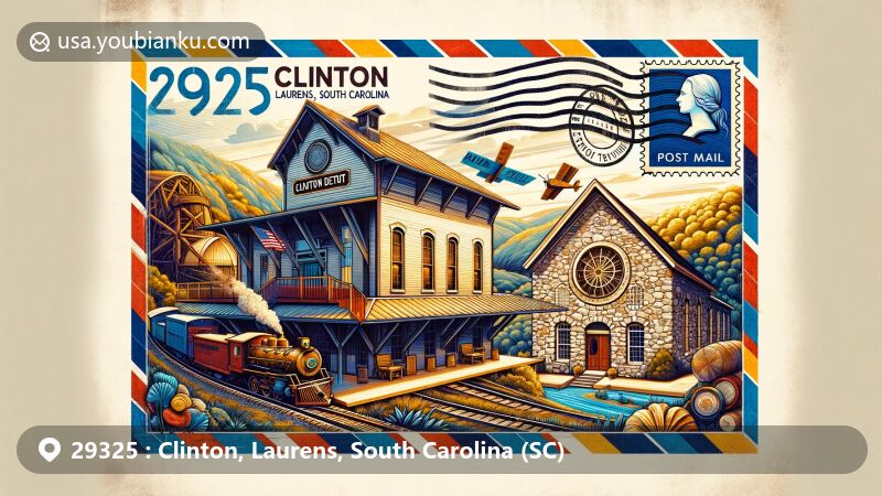 Modern illustration of ZIP code 29325 area in Clinton, Laurens County, South Carolina, resembling an airmail envelope. Features Clinton Depot, Musgrove Mill Historic Site, and Duncan's Creek Presbyterian Church.