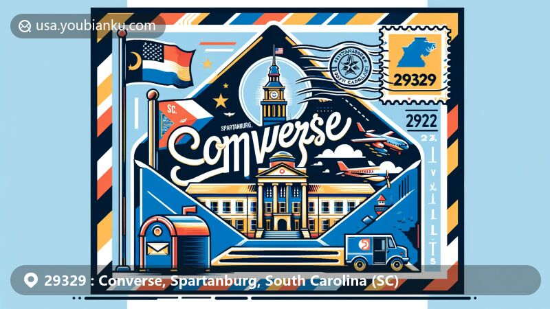Vibrant illustration of Converse, Spartanburg, South Carolina, featuring airmail envelope design with Converse University, Spartanburg County outline, and South Carolina state flag, emphasizing ZIP code 29329.