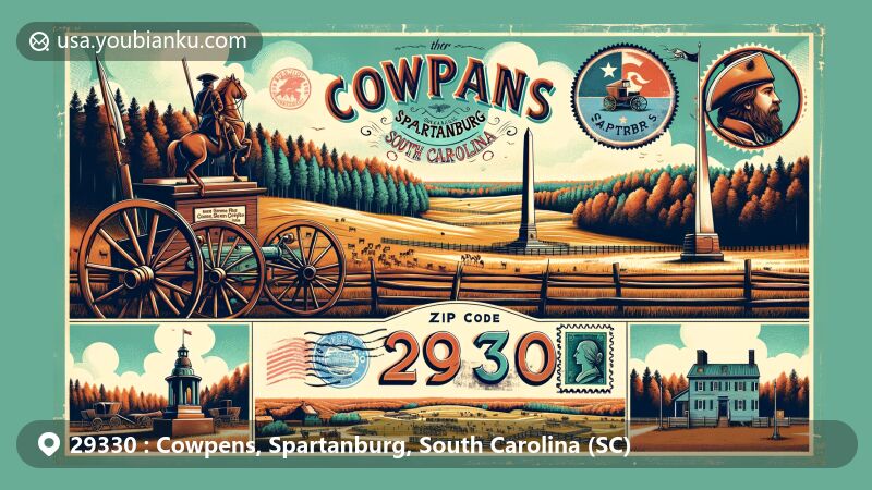 Modern illustration of ZIP Code 29330, Cowpens, Spartanburg, South Carolina, featuring vibrant Cowpens National Battlefield with historical significance, surrounded by postal elements and cultural references.