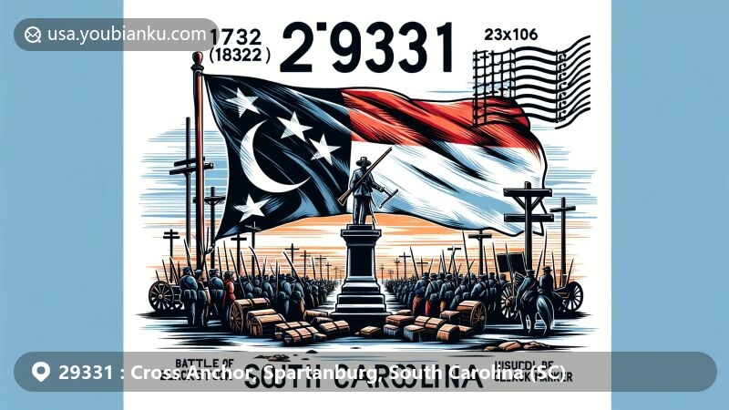 Modern illustration of Cross Anchor, Spartanburg County, South Carolina, centered around the Battle of Blackstock marker and featuring the South Carolina state flag and postal theme with ZIP code 29331.