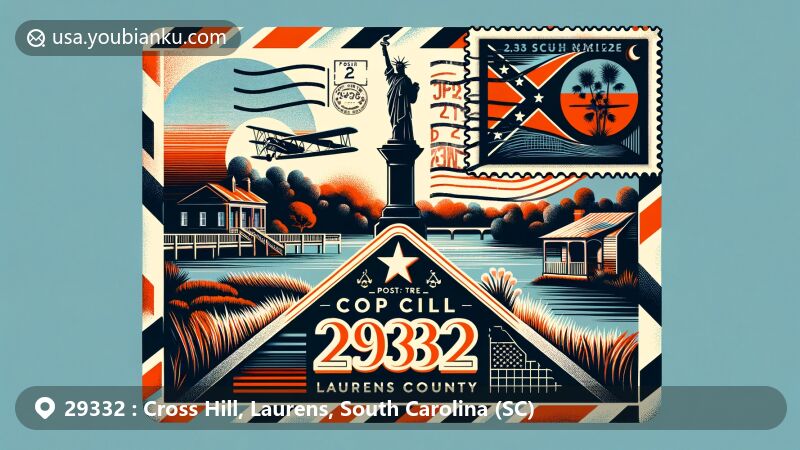 Modern illustration of Cross Hill, Laurens County, South Carolina, showcasing vintage airmail envelope with Lake Greenwood, Cross Hill Confederate Monument, and Brick House Plantation inside, adorned with South Carolina state flag stamp and postal symbols.