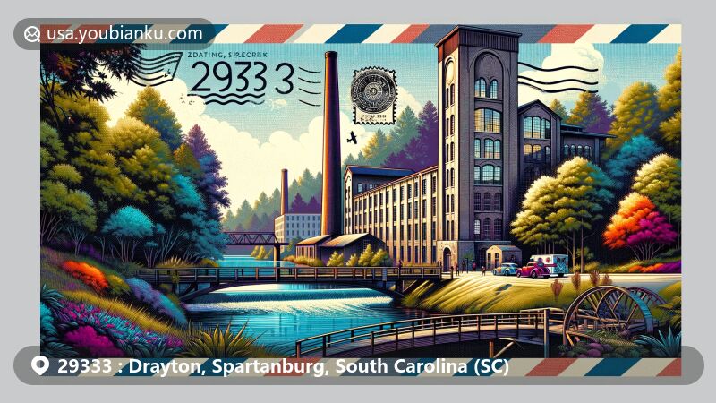 Modern illustration of Drayton area in Spartanburg County, South Carolina, representing ZIP Code 29333. Features detailed depiction of historic Drayton Mill with Tudor-style architecture. Surrounding elements include Drayton Mills Trail, lush woodlands, scenic lake, and textile motifs.