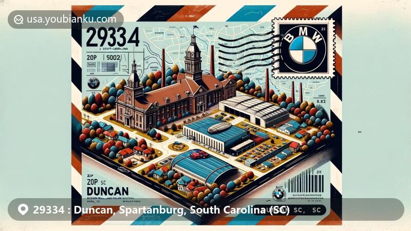 Modern illustration of Duncan, South Carolina, ZIP code 29334, featuring airmail envelope against detailed map backdrop, showcasing Bishop William Wallace Duncan House, Duncan Park Stadium, and BMW plant.