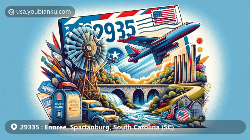 Modern illustration of Enoree, Spartanburg County, South Carolina, showcasing postal theme with ZIP code 29335, featuring Musgrove Mill State Historic Site and South Carolina state symbols.