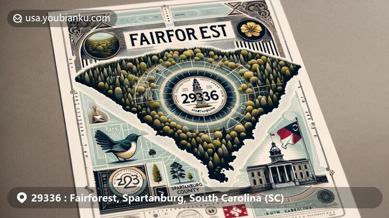 Modern illustration of Fairforest, Spartanburg County, South Carolina, showcasing unique map design with detailed representation of Fairforest surrounded by state symbols, vintage postal stamp, and airmail border.