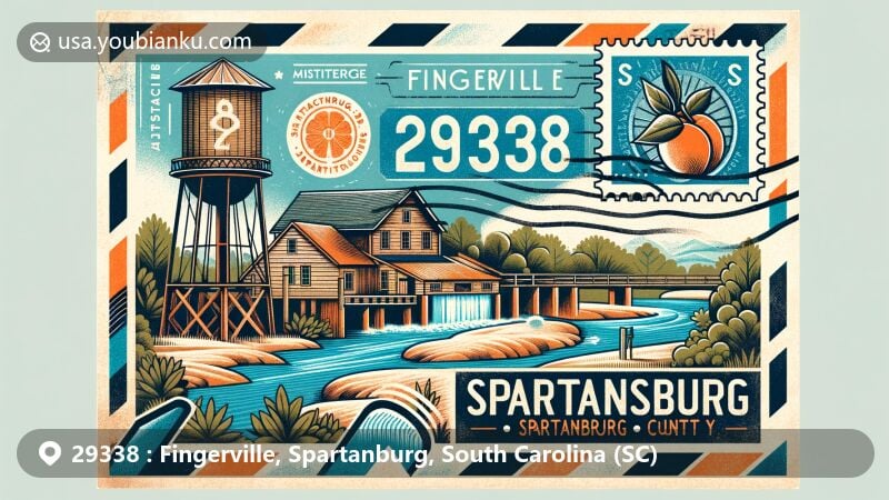 Creative illustration of Fingerville, Spartanburg County, South Carolina, in vintage airmail envelope design, featuring ZIP Code 29338, Anderson's Mill, the iconic Peachoid water tower, Hatcher Garden, and a postmark.