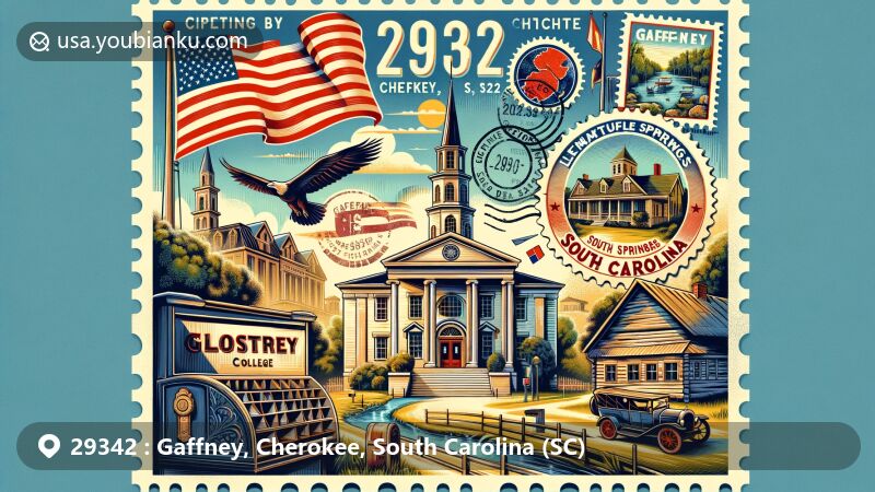 Modern illustration of Gaffney, Cherokee, South Carolina, highlighting postal theme with ZIP code 29342, featuring vintage postcard, postage stamps, postmark, and old-fashioned mailbox, alongside Limestone College, Michael Gaffney Log Cabin, and South Carolina state flag.
