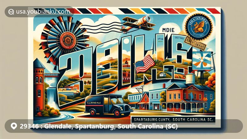 Colorful illustration of Glendale, Spartanburg, South Carolina, themed around ZIP code 29346 with vintage postal elements like stamp, postmark, and mail truck, featuring landmarks like Glendale Mill and state flag.