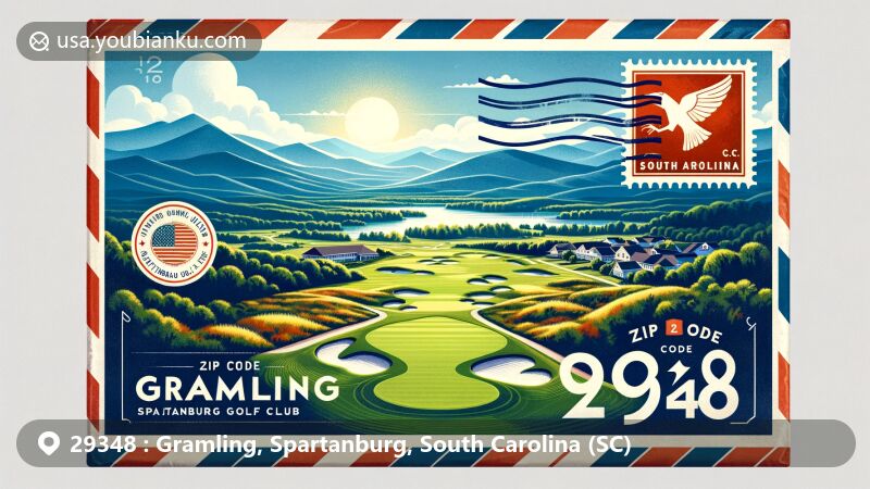 Modern illustration of Gramling, Spartanburg County, South Carolina, featuring panoramic view of Blue Ridge Mountains, Village Greens Golf Club-inspired golf course, and vintage air mail envelope with ZIP code 29348.