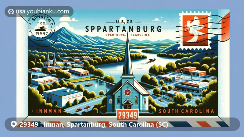 Contemporary illustration of Inman, Spartanburg, South Carolina, styled as a postcard with ZIP code 29349, featuring Shiloh Methodist Church, Lake Bower, and Blue Ridge Mountains.