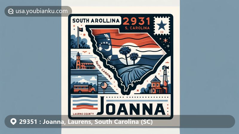 Modern illustrated postal card for ZIP code 29351, showcasing Joanna in Laurens County, South Carolina, featuring state flag, county outline, iconic landmark, and postal elements.