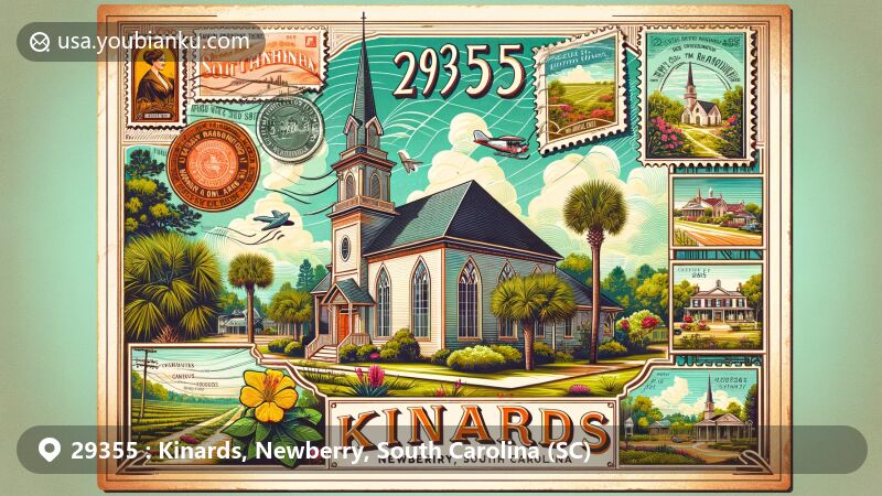 Charming illustration of Sharon United Methodist Church in Kinards, Newberry, South Carolina, emphasizing the town's heritage and community spirit, highlighted with postal theme featuring ZIP code 29355 and South Carolina symbols.
