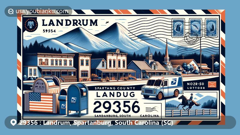 Modern illustration of Landrum, Spartanburg County, South Carolina, highlighting ZIP code 29356, Blue Ridge Mountains, historic downtown, American mailbox, vintage postal van, and South Carolina state flag.