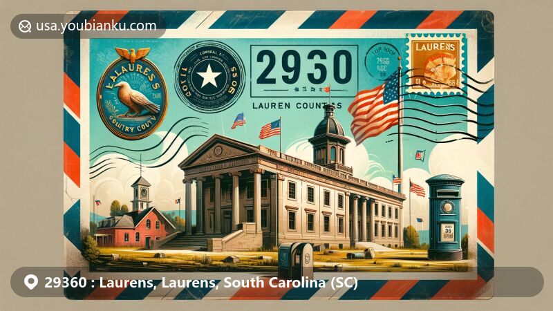 Creative and modern illustration of Laurens, Laurens County, South Carolina, in the style of an airmail envelope with vintage and postal aesthetics, featuring the Laurens County Courthouse, star-shaped fort, South Carolina state flag, vintage postbox, postage stamp, and postal cancellation mark.