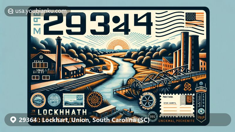 Modern illustration of Lockhart, Union County, South Carolina, depicting the Lockhart Canal, Lockhart Mill, and scenic landscapes, capturing the essence of the area's history and nature, along with postal elements and the iconic ZIP Code 29364.