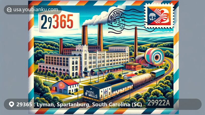 Creative and modern illustration of Lyman, Spartanburg County, South Carolina, showcasing postal theme with ZIP code 29365, featuring Pacific Mills textile plant, early 20th-century mill houses, and a lighted baseball field.