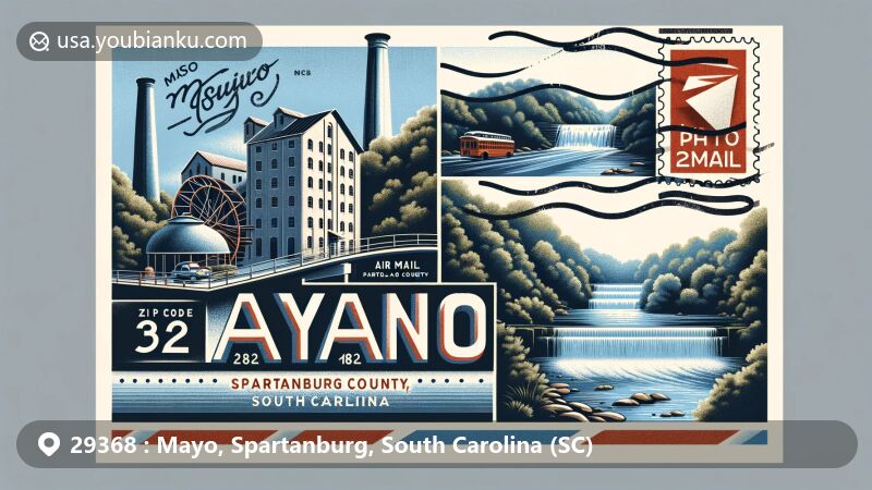Modern illustration of Mayo, Spartanburg, South Carolina, showcasing airmail envelope with ZIP code 29368, featuring Mayo Mill and Glendale Shoals Preserve.