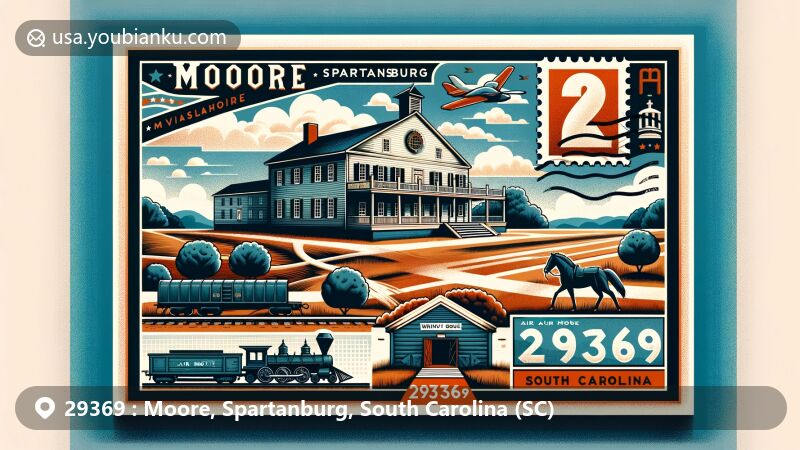 Modern illustration of Walnut Grove Plantation in Moore, Spartanburg, South Carolina, capturing colonial heritage with Georgian architecture and natural surroundings, featuring 'Hub City' symbols and postal elements.