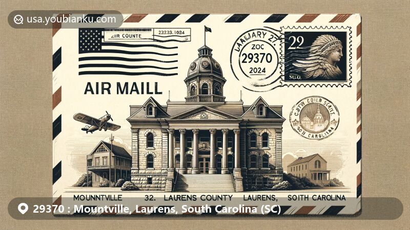Vintage-style air mail envelope featuring Laurens County Courthouse, South Carolina, with state flag, ZIP Code 29370, and Church of the Epiphany stamp.