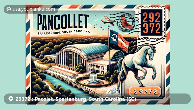 Artistic illustration of Pacolet, Spartanburg, South Carolina, with vintage airmail envelope showcasing postal theme, featuring Pacolet Amphitheater and white stallion statue. Background includes Pacolet River and South Carolina state flag.