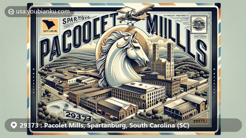 Vintage-style illustration of Pacolet Mills, Spartanburg, South Carolina, resembling a wide airmail envelope. Features Pacolet Mills Historic District, white stallion statue, and stylized map of Spartanburg County.