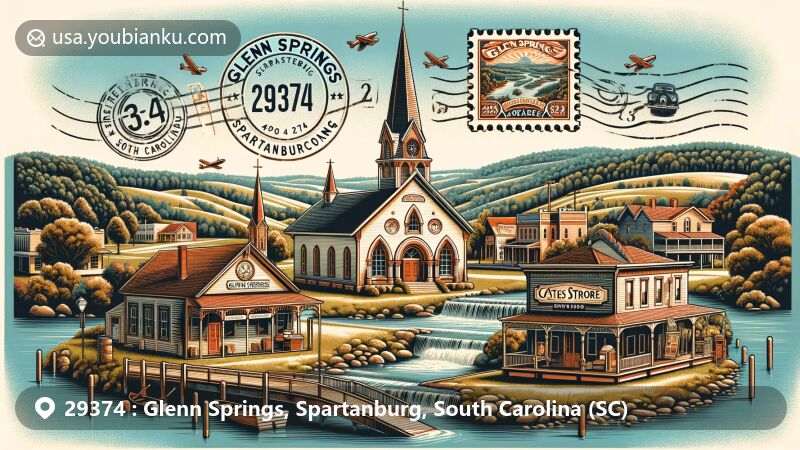 Creative illustration of Glenn Springs, Spartanburg, South Carolina, showcasing ZIP code 29374, featuring historic landmarks like the Glenn Springs Post Office and Presbyterian Church in Victorian architecture.