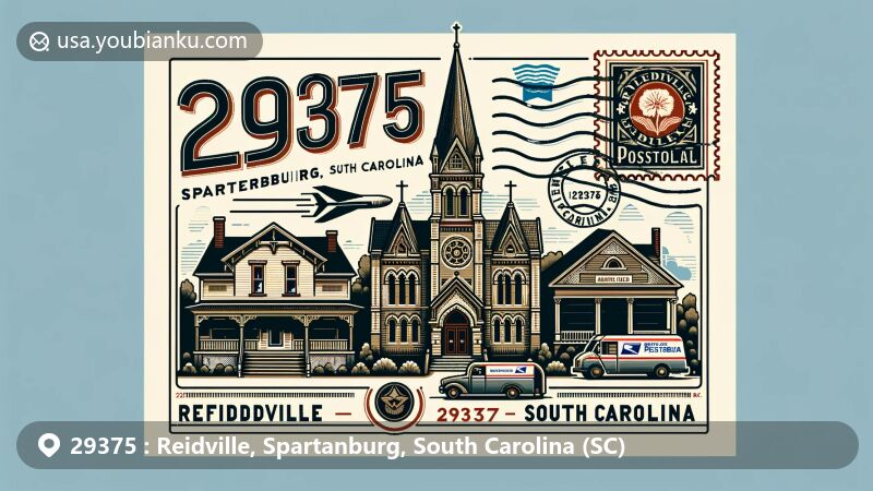 Modern illustration of Reidville, Spartanburg, South Carolina, featuring postal theme with ZIP code 29375, showcasing Reidville Presbyterian Church in Carpenter Gothic style and Reidville Academy Faculty House in Greek Revival architecture with Victorian alterations.