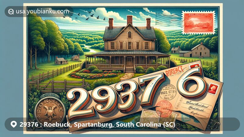 Modern illustration of Smith's Tavern, Roebuck, Spartanburg County, South Carolina, showcasing historic farmhouse built in 1795 amid lush landscapes, with vintage-style postcard elements and prominent ZIP Code 29376.
