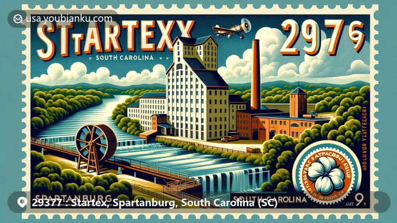 Modern illustration of Startex, Spartanburg County, South Carolina, showcasing postal theme with ZIP code 29377, featuring Tucapau Mill, Middle Tyger River, and local flora.