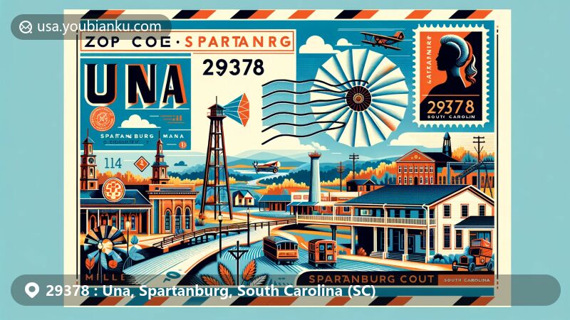 Modern illustration of Una, Spartanburg County, South Carolina, showcasing postal theme with ZIP code 29378, featuring Southside Cultural Monument and Beaumont Mill.