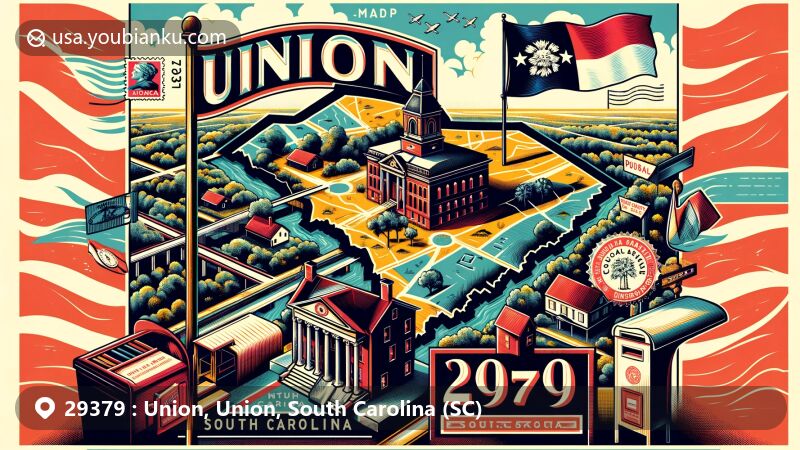 Modern illustration of Union, Union County, South Carolina, with detailed map, Union city landmark, and South Carolina state flag, showcasing postal theme with ZIP code 29379, including vintage postage stamp, postal cancellation mark, and antique mailbox.