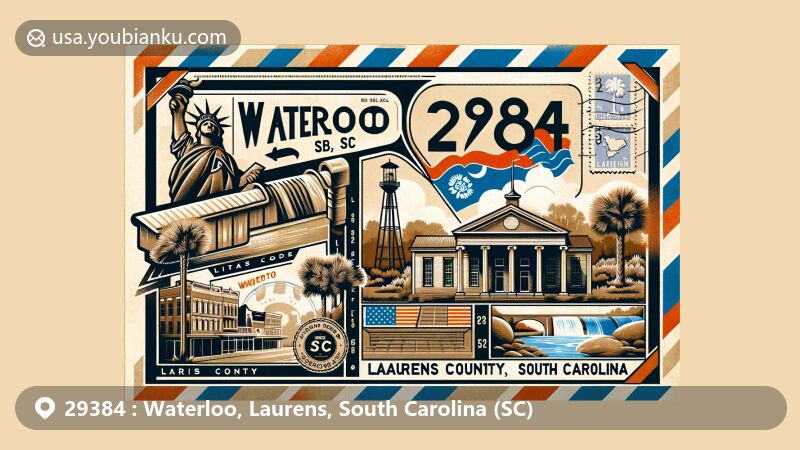 Modern depiction of Waterloo, Laurens County, South Carolina, designed in the style of a vintage airmail envelope, featuring postal code 29384, local landmarks like Bank of Waterloo and Harris Lithia Springs, and South Carolina cultural symbols.