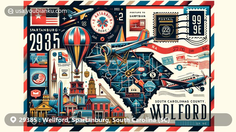 Modern illustration of Wellford, Spartanburg County, South Carolina, showcasing postal theme with ZIP code 29385, featuring detailed map and state flag.