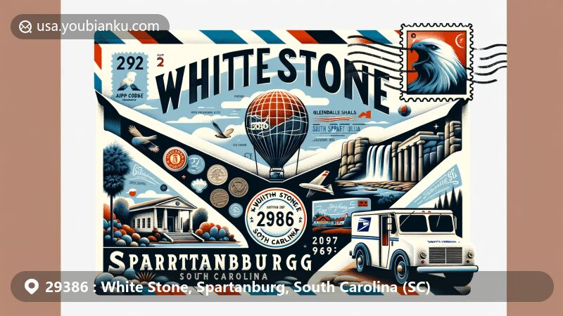 Modern illustration of White Stone, Spartanburg County, South Carolina, showcasing postal theme with ZIP code 29386, featuring Glendale Shoals Preserve and South Carolina state flag.