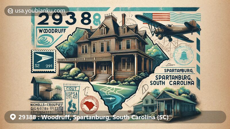 Modern illustration of Woodruff, Spartanburg, South Carolina, featuring vintage airmail envelope with Nicholls-Crook House, state flag, and Spartanburg County outline.