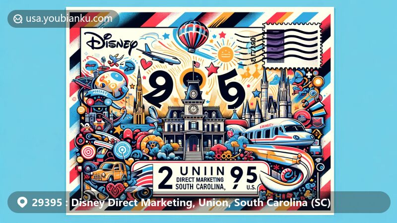 Modern illustration of Union County, South Carolina, showcasing cultural symbols and postal elements for ZIP code 29395, designed for Disney Direct Marketing area.