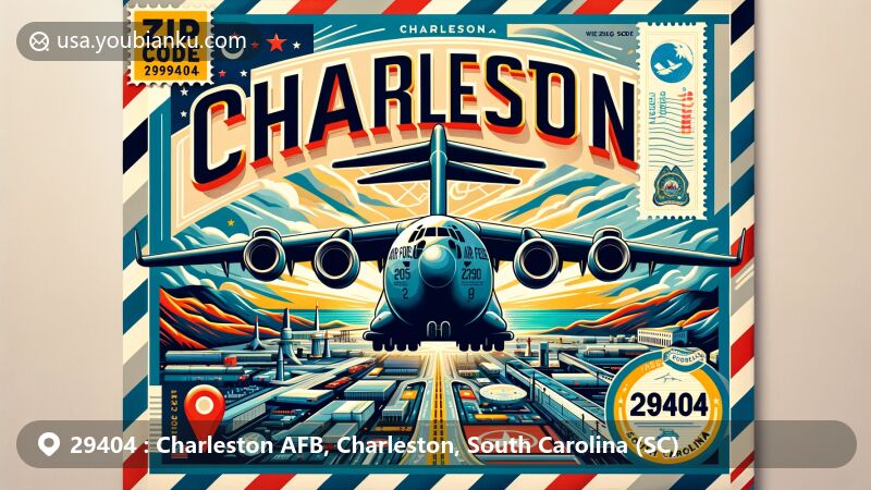 Modern illustration of Charleston Air Force Base, showcasing airmail envelope design with C-17 Globemaster III aircraft and Charleston/South Carolina symbols for ZIP code 29404.