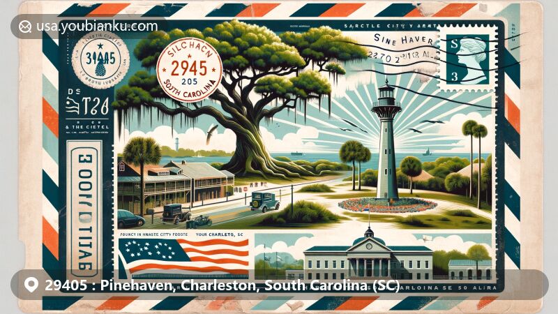 Modern illustration of Pinehaven, Charleston, South Carolina, featuring iconic landmarks like the Angel Oak Tree, Fort Sumter, and Historic Charleston City Market, with a postal theme reflecting ZIP code 29405.