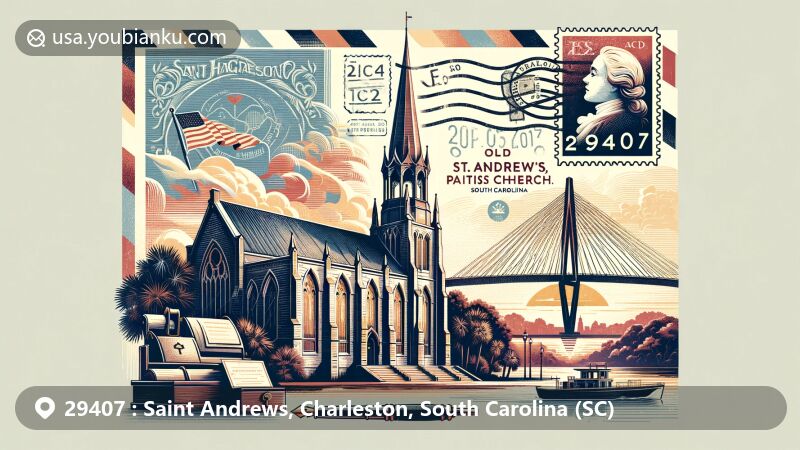 Creative illustration of Saint Andrews, Charleston, South Carolina, with a postal theme showcasing Old St. Andrew's Parish Church, Arthur Ravenel Jr. Bridge, vintage postage elements, and South Carolina state flag.